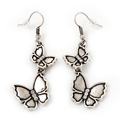 Antique Silver Metal Double Butterfly Drop Earrings - 5.5cm Length - main view