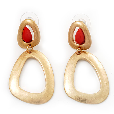 Double Hoop Coral Bead Drop Earrings (Brushed Gold Effect) - 5cm Length - main view