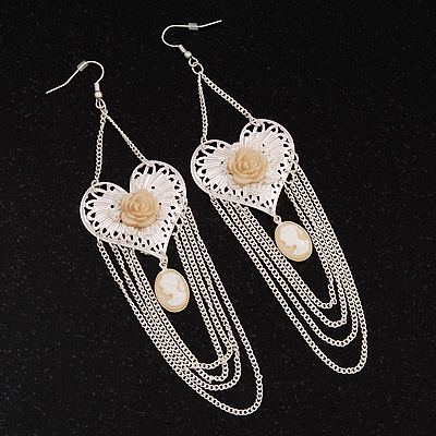 Long Chain 'Cameo' Heart Drop Earrings (Silver Plated Metal) - 13cm Length - main view