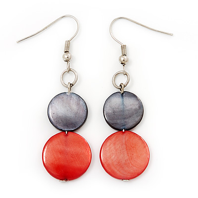 Round Double Shell Drop Earrings (Red/Dark Grey) - 7cm Length - main view