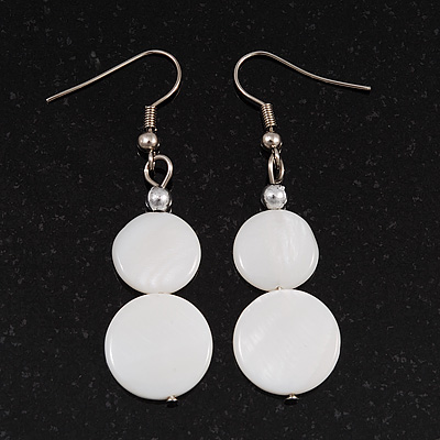 Round Double Shell Drop Earrings (White) - 5cm Length - main view