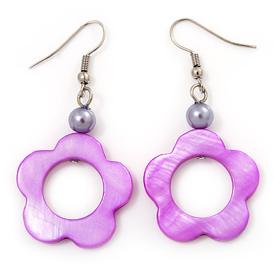 Purple Open Flower Shell Drop Earrings (Silver Metal Finish) - 5.5cm Drop - main view