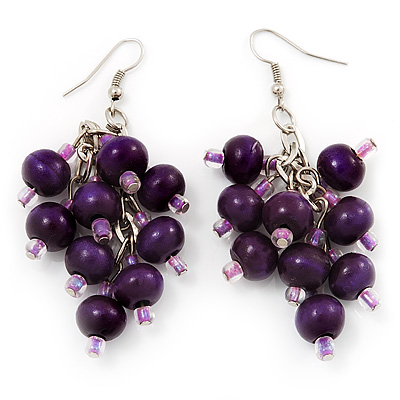 Wood Purple Cluster Drop Earrings (Silver Tone Metal) - 6.5cm Length