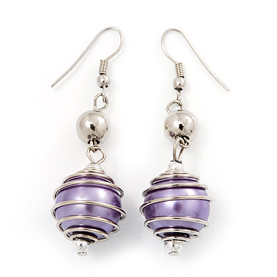 Silver Tone Purple Faux Pearl Drop Earrings - 5.5cm Drop