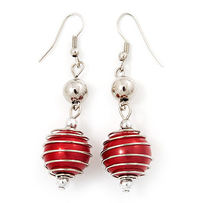 Silver Tone Bright Red  Faux Pearl Drop Earrings - 5.5cm Drop - main view
