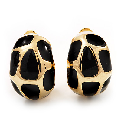 Small C-Shape Black Enamel Clip On Earrings In Gold Plated Metal - 18mm Length - main view