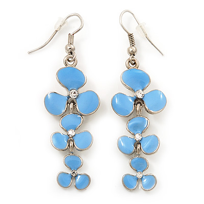 Delicate Triple Flower Light Blue Enamel Drop Earrings (Silver Plated Metal) - 5.5cm Length - main view