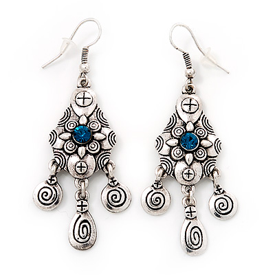 Vintage Hammered Blue Crystal Drop Earrings (Burn Silver Finish) - 6cm Length - main view