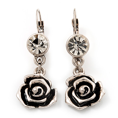 Burn Silver Rose Drop Earrings - 4.5cm Length - main view