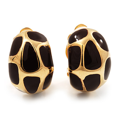 Small C-Shape Brown Enamel Clip On Earrings In Gold Plated Metal - 18mm Length - main view