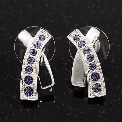 Silver Plated Purple Crystal 'Cross' Metal Stud Earrings - 2cm Length - main view