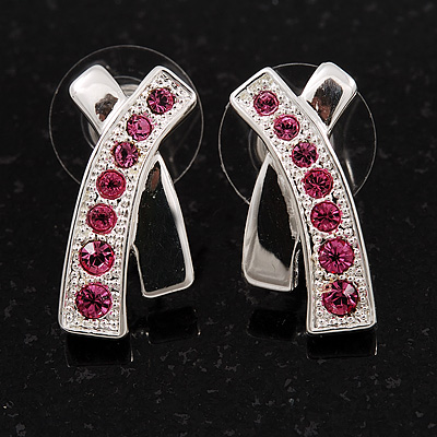 Silver Plated Pink Crystal 'Cross' Metal Stud Earrings - 2cm Length - main view