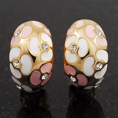 C-Shape Pink/White Floral Enamel Crystal Clip On Earrings In Gold Plated Metal - 2cm Length - main view