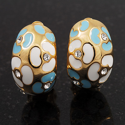C-Shape Light Blue/White Floral Enamel Crystal Clip On Earrings In Gold Plated Metal - 2cm Length - main view