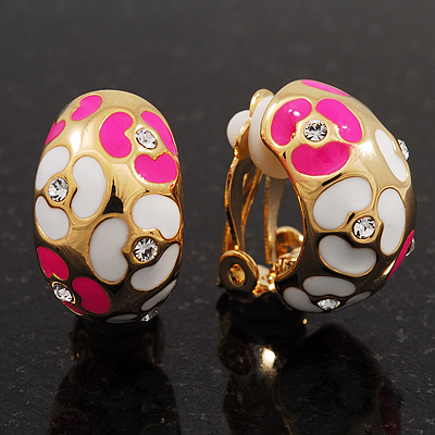 C-Shape Deep Pink/White Floral Enamel Crystal Clip On Earrings In Gold Plated Metal - 2cm Length