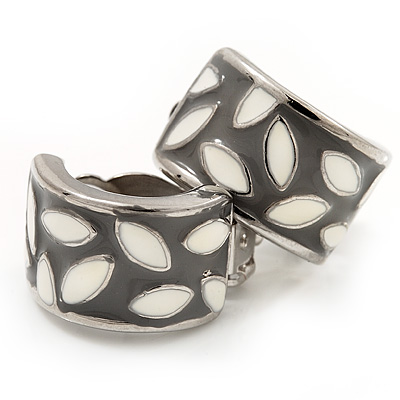 Small C-Shape Grey/White Enamel Clip On Earring In Rhodium Plated Metal