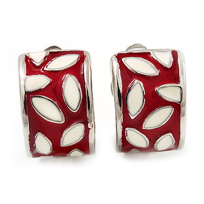 Small C-Shape Red/White Enamel Clip On Earring In Rhodium Plated Metal - main view