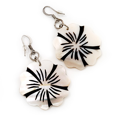 Floral Mother of Pearl Drop Earrings (Silver Tone Metal) - 5.5cm Length - main view