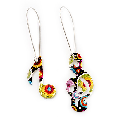 Multicoloured 'Musical Notes' Drop Earrings (Silver Tone Metal) - 7cm Length - main view