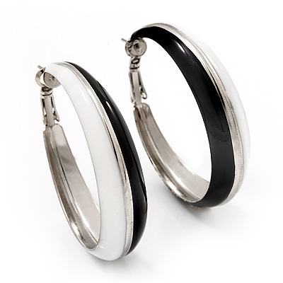 Black & White Enamel Hoop Drop Earrings (Silver Plated Metal) - 4.5cm Diameter - main view