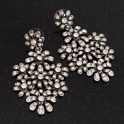 Vintage Diamante Floral Earrings (Burn Silver Metal) - 6cm Drop - main view