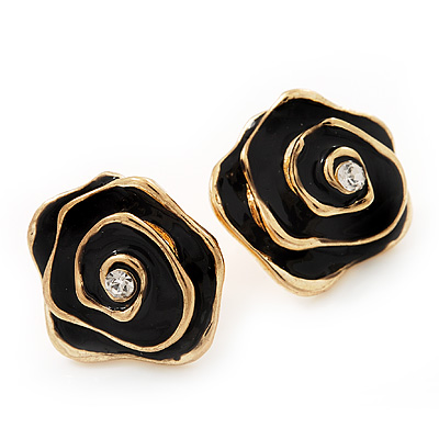 Black Enamel Dimensional Rose Stud Earrings In Gold Metal - 2cm in diameter - main view