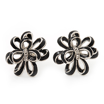 Black Enamel Dimensional Floral Stud Earrings In Silver Plated Metal - 2.5cm in diameter