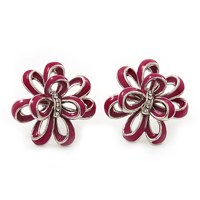 Pink Enamel Dimensional Floral Stud Earrings In Silver Plated Metal - 2.5cm in diameter - main view