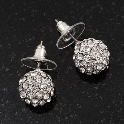 Clear Crystal Ball Stud Earrings In Rhodium Plated Metal - 10mm diameter - main view