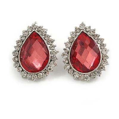 Pink Crystal Teardrop Stud Earrings In Silver Tone Metal - 2.5cm Length - main view