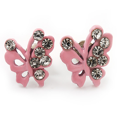 Tiny Light Pink Crystal Enamel 'Butterfly' Stud Earrings In Silver Tone Metal - 10mm Diameter - main view