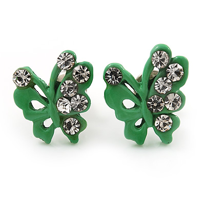 Tiny Green Crystal Enamel 'Butterfly' Stud Earrings In Silver Tone Metal - 10mm Diameter - main view