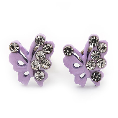 Tiny Lavender Crystal Enamel 'Butterfly' Stud Earrings In Silver Tone Metal - 10mm Diameter - main view