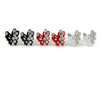 Tiny Black/ White/ Red Crystal Enamel 'Butterfly' Stud Earring Set In Silver Tone Metal - 10mm Diameter - main view