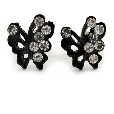 Tiny Black Crystal Enamel 'Butterfly' Stud Earrings In Silver Tone Metal - 10mm Diameter - main view