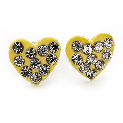 Tiny Yellow Crystal Enamel 'Heart' Stud Earrings In Silver Plated Metal - 10mm Diameter
