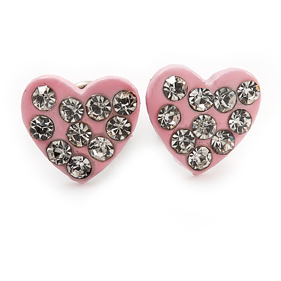 Tiny Light Pink Crystal Enamel 'Heart' Stud Earrings In Silver Plated Metal - 10mm Diameter - main view