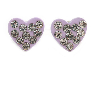 Tiny Lavender Crystal Enamel 'Heart' Stud Earrings In Silver Plated Metal - 10mm Diameter - main view