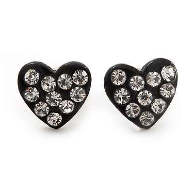 Tiny Black Crystal Enamel 'Heart' Stud Earrings In Silver Plated Metal - 10mm Diameter - main view