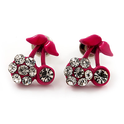 Tiny Deep Pink Enamel Diamante Sweet 'Cherry' Stud Earrings In Silver Tone Metal - 10mm Diameter - main view