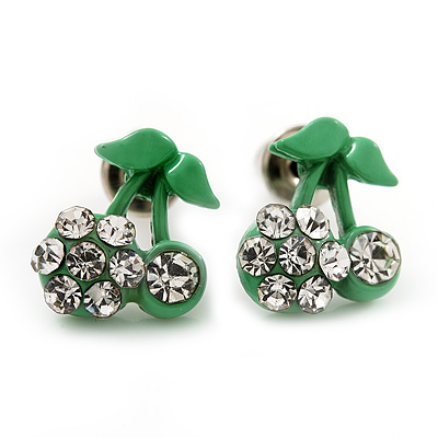 Tiny Green Enamel Diamante Sweet 'Cherry' Stud Earrings In Silver Tone Metal - 10mm Diameter - main view