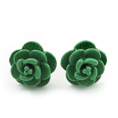 Tiny Green 'Rose' Stud Earrings In Silver Tone Metal - 10mm Diameter - main view