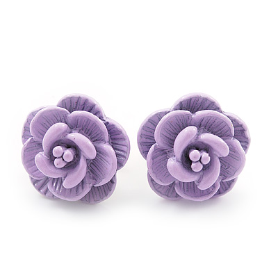 Tiny Lavender 'Rose' Stud Earrings In Silver Tone Metal - 10mm Diameter - main view