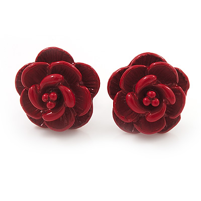 Tiny Red 'Rose' Stud Earrings In Silver Tone Metal - 10mm Diameter - main view