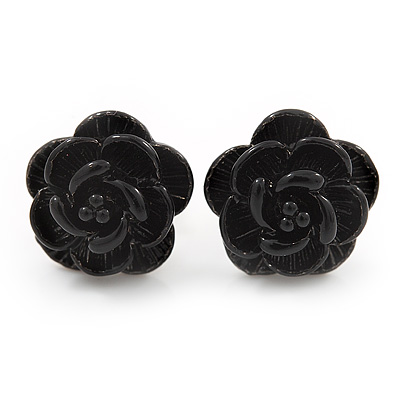 Tiny Black 'Rose' Stud Earrings In Silver Tone Metal - 10mm Diameter