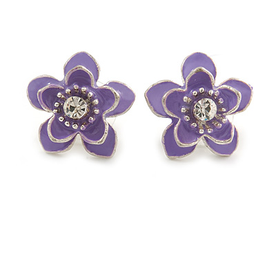 Purple Enamel Daisy Floral Stud Earrings In Rhodium Plated Metal - 2cm Diameter - main view