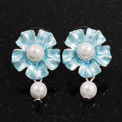 Light Blue Faux Pearl Floral Stud Earrings In Silver Tone Metal - 2.5cm Drop