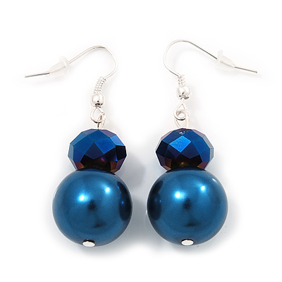 Blue Bead Drop Earrings In Silver Plated Metal - 4.5cm Length - main view
