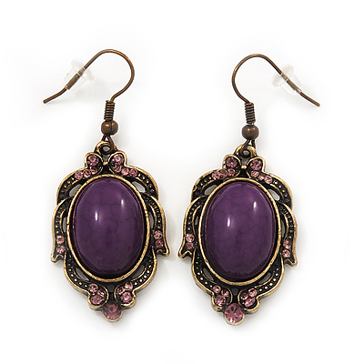 Vintage Purple Diamante Drop Earrings In Bronze Tone Metal - 5cm Length - main view