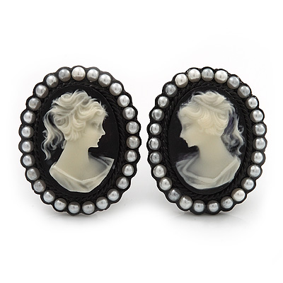 Classic Simulated Pearl Cameo Clip-On Earrings (Black Tone) - 3.3cm Length - main view